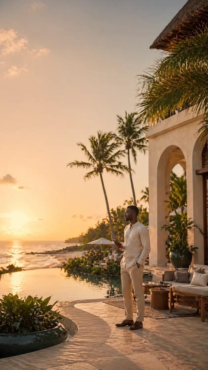 Luxury tropical resort visual at sunset
